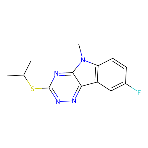 8-fluoro-5-methyl-3-(propan-2-ylsulfanyl)-5H-[1,2,4]triazino[5,6-b]indole structure
