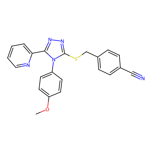 4-({[4-(4-methoxyphenyl)-5-(pyridin-2-yl)-4H-1,2,4-triazol-3-yl]sulfanyl}methyl)benzonitrile structure