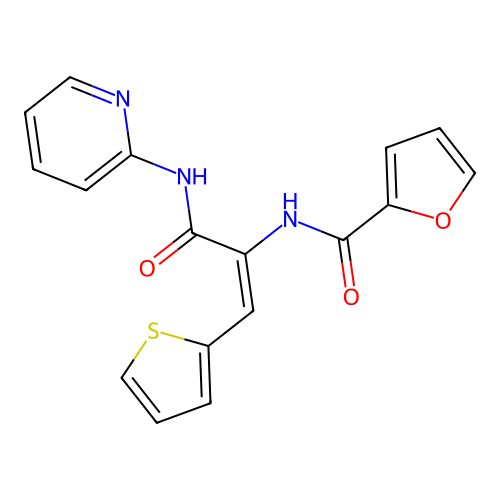 (E)-N-(3-oxo-3-(pyridin-2-ylamino)-1-(thiophen-2-yl)prop-1-en-2-yl)furan-2-carboxamide structure
