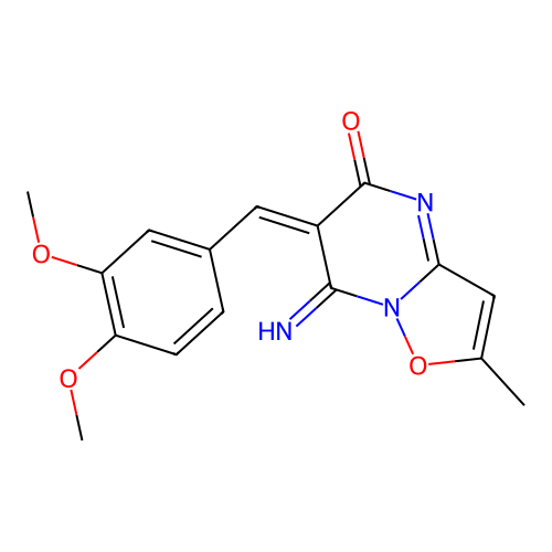 (6E)-6-(3,4-dimethoxybenzylidene)-7-imino-2-methyl-6,7-dihydro-5H-[1,2]oxazolo[2,3-a]pyrimidin-5-one structure