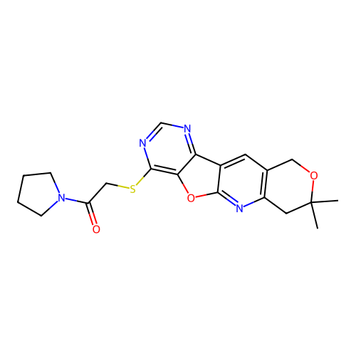 2-((8,8-dimethyl-8,10-dihydro-7H-pyrano[3'',4'':5',6']pyrido[3',2':4,5]furo[3,2-d]pyrimidin-4-yl)thio)-1-(pyrrolidin-1-yl)ethanone structure