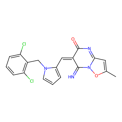 (6E)-6-[[1-[(2,6-dichlorophenyl)methyl]pyrrol-2-yl]methylidene]-7-imino-2-methyl-[1,2]oxazolo[2,3-a]pyrimidin-5-one structure