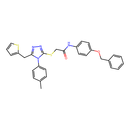 2-[[4-(4-methylphenyl)-5-(thiophen-2-ylmethyl)-1,2,4-triazol-3-yl]sulfanyl]-N-(4-phenylmethoxyphenyl)acetamide structure