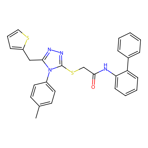 2-[[4-(4-methylphenyl)-5-(thiophen-2-ylmethyl)-1,2,4-triazol-3-yl]sulfanyl]-N-(2-phenylphenyl)acetamide structure