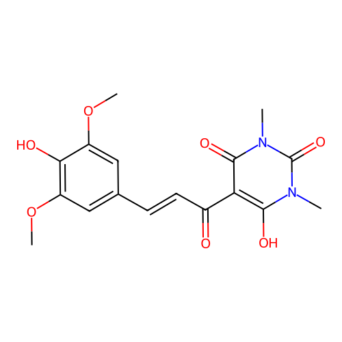 (E)-6-hydroxy-5-(3-(4-hydroxy-3,5-dimethoxyphenyl)acryloyl)-1,3-dimethylpyrimidine-2,4(1H,3H)-dione structure