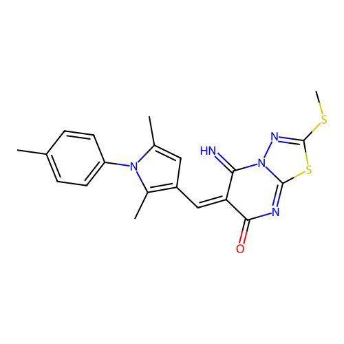 (6E)-6-[[2,5-dimethyl-1-(4-methylphenyl)pyrrol-3-yl]methylidene]-5-imino-2-methylsulfanyl-[1,3,4]thiadiazolo[3,2-a]pyrimidin-7-one structure