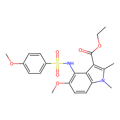 ethyl 5-methoxy-4-{[(4-methoxyphenyl)sulfonyl]amino}-1,2-dimethyl-1H-indole-3-carboxylate structure
