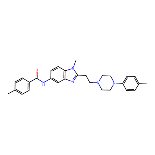 4-methyl-N-(1-methyl-2-(2-(4-(p-tolyl)piperazin-1-yl)ethyl)-1H-benzo[d]imidazol-5-yl)benzamide structure