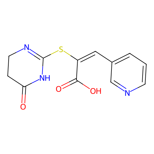 (E)-2-((4-oxo-1,4,5,6-tetrahydropyrimidin-2-yl)thio)-3-(pyridin-3-yl)acrylic acid structure