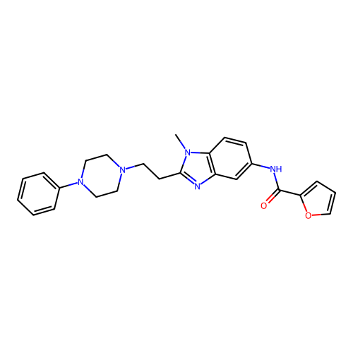 N-[1-methyl-2-[2-(4-phenyl-1-piperazinyl)ethyl]-5-benzimidazolyl]-2-furancarboxamide structure