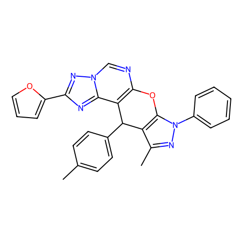 2-(furan-2-yl)-10-methyl-11-(4-methylphenyl)-8-phenyl-8,11-dihydropyrazolo[4',3':5,6]pyrano[3,2-e][1,2,4]triazolo[1,5-c]pyrimidine structure