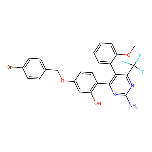 2-[2-amino-5-(2-methoxyphenyl)-6-(trifluoromethyl)-4-pyrimidinyl]-5-[(4-bromobenzyl)oxy]phenol structure