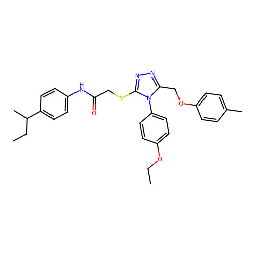 2-{4-(4-ethoxyphenyl)-5-[(4-methylphenoxy)methyl](1,2,4-triazol-3-ylthio)}-N-[ 4-(methylpropyl)phenyl]acetamide structure