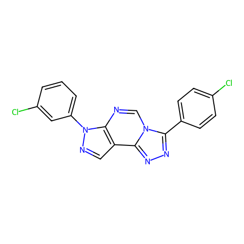 7-(3-chlorophenyl)-3-(4-chlorophenyl)-7H-pyrazolo[4,3-e][1,2,4]triazolo[4,3-c]pyrimidine structure