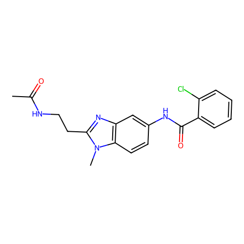 N-{2-[2-(acetylamino)ethyl]-1-methyl-1H-benzimidazol-5-yl}-2-chlorobenzamide structure