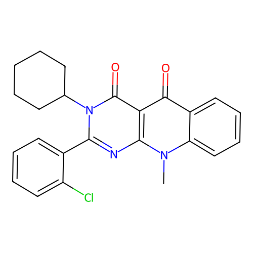 2-(2-chlorophenyl)-3-cyclohexyl-10-methylpyrimido[4,5-b]quinoline-4,5(3H,10H)-dione structure