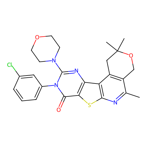 9-(3-chlorophenyl)-2,2,5-trimethyl-10-(morpholin-4-yl)-1,4-dihydro-2H-pyrano[4'',3'':4',5']pyrido[3',2':4,5]thieno[3,2-d]pyrimidin-8(9H)-one structure