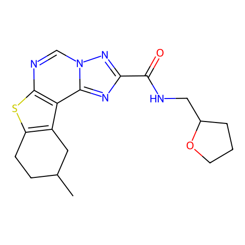 10-methyl-N-((tetrahydrofuran-2-yl)methyl)-8,9,10,11-tetrahydrobenzo[4,5]thieno[3,2-e][1,2,4]triazolo[1,5-c]pyrimidine-2-carboxamide structure