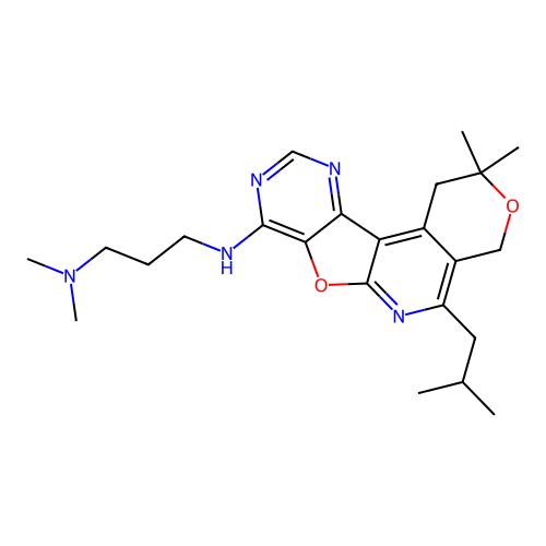 N'-[2,2-dimethyl-5-(2-methylpropyl)-1,4-dihydro-2H-pyrano[4'',3'':4',5']pyrido[3',2':4,5]furo[3,2-d]pyrimidin-8-yl]-N,N-dimethylpropane-1,3-diamine structure