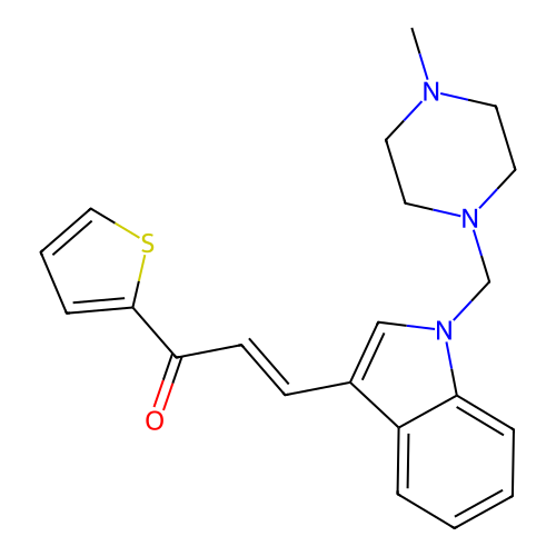 (E)-3-[1-[(4-methylpiperazin-1-yl)methyl]indol-3-yl]-1-thiophen-2-ylprop-2-en-1-one structure