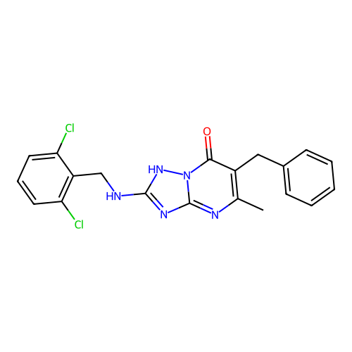 6-benzyl-2-((2,6-dichlorobenzyl)amino)-5-methyl-[1,2,4]triazolo[1,5-a]pyrimidin-7(4H)-one structure