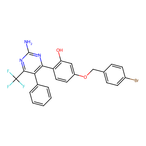 2-(2-amino-5-phenyl-6-(trifluoromethyl)pyrimidin-4-yl)-5-((4-bromobenzyl)oxy)phenol structure