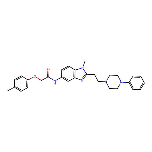 2-(4-methylphenoxy)-N-[1-methyl-2-[2-(4-phenylpiperazin-1-yl)ethyl]benzimidazol-5-yl]acetamide structure