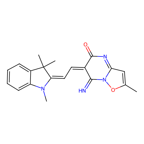 (6E)-7-imino-2-methyl-6-[(2E)-2-(1,3,3-trimethyl-1,3-dihydro-2H-indol-2-ylidene)ethylidene]-6,7-dihydro-5H-[1,2]oxazolo[2,3-a]pyrimidin-5-one structure