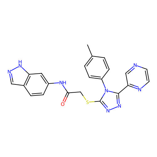 N-(1H-indazol-6-yl)-2-[[4-(4-methylphenyl)-5-pyrazin-2-yl-1,2,4-triazol-3-yl]sulfanyl]acetamide structure