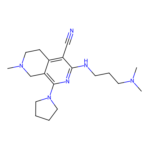 3-{[3-(dimethylamino)propyl]amino}-7-methyl-1-(pyrrolidin-1-yl)-5,6,7,8-tetrahydro-2,7-naphthyridine-4-carbonitrile structure