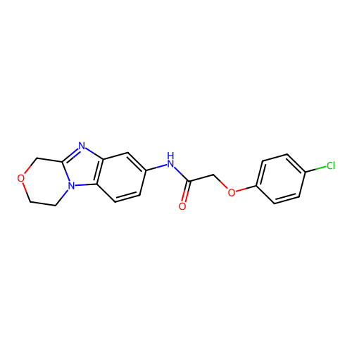 2-(4-chlorophenoxy)-N-(3,4-dihydro-1H-[1,4]oxazino[4,3-a]benzimidazol-8-yl)acetamide structure