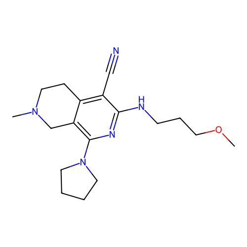 3-((3-methoxypropyl)amino)-7-methyl-1-(pyrrolidin-1-yl)-5,6,7,8-tetrahydro-2,7-naphthyridine-4-carbonitrile structure