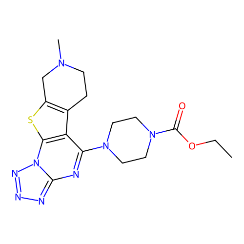 ethyl 4-(8-methyl-6,7,8,9-tetrahydropyrido[4',3':4,5]thieno[3,2-e]tetrazolo[1,5-a]pyrimidin-5-yl)piperazine-1-carboxylate structure