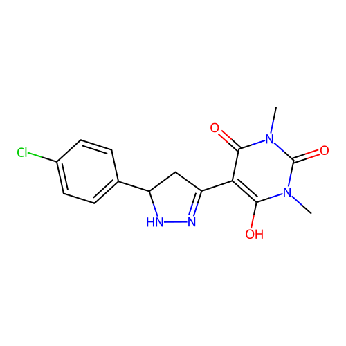 5-[5-(4-chlorophenyl)pyrazolidin-3-ylidene]-1,3-dimethylpyrimidine-2,4,6(1H,3H,5H)-trione structure