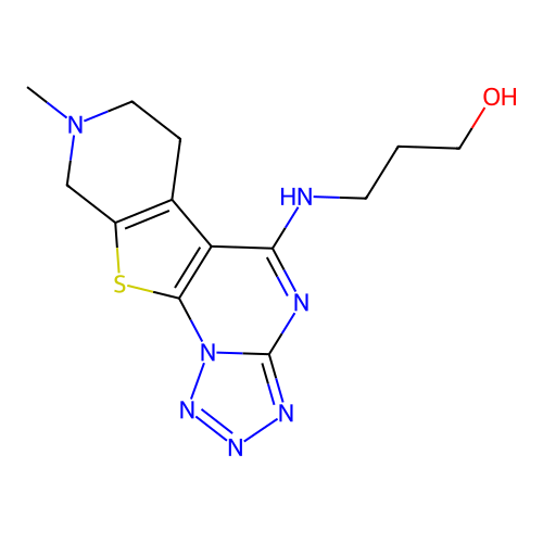 3-((8-methyl-6,7,8,9-tetrahydropyrido[4',3':4,5]thieno[3,2-e]tetrazolo[1,5-a]pyrimidin-5-yl)amino)propan-1-ol structure