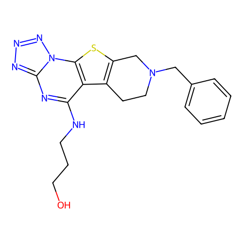 3-((8-benzyl-6,7,8,9-tetrahydropyrido[4',3':4,5]thieno[3,2-e]tetrazolo[1,5-a]pyrimidin-5-yl)amino)propan-1-ol structure