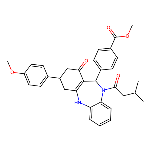 methyl 4-(3-(4-methoxyphenyl)-10-(3-methylbutanoyl)-1-oxo-2,3,4,5,10,11-hexahydro-1H-dibenzo[b,e][1,4]diazepin-11-yl)benzoate structure