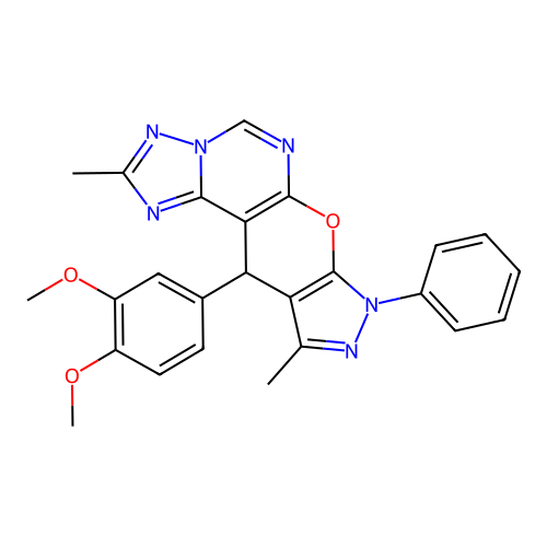 11-(3,4-dimethoxyphenyl)-2,10-dimethyl-8-phenyl-8,11-dihydropyrazolo[4',3':5,6]pyrano[3,2-e][1,2,4]triazolo[1,5-c]pyrimidine structure