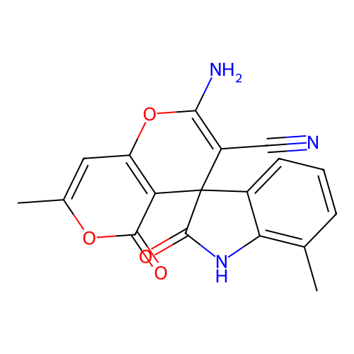 2'-amino-7,7'-dimethyl-2,5'-dioxo-1,2-dihydro-5'H-spiro[indole-3,4'-pyrano[4,3-b]pyran]-3'-carbonitrile structure