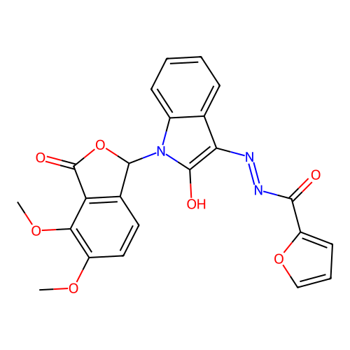 (E)-N'-(1-(4,5-dimethoxy-3-oxo-1,3-dihydroisobenzofuran-1-yl)-2-oxoindolin-3-ylidene)furan-2-carbohydrazide structure