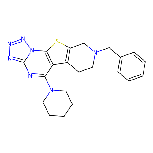 8-benzyl-5-(piperidin-1-yl)-6,7,8,9-tetrahydropyrido[4',3':4,5]thieno[3,2-e]tetrazolo[1,5-a]pyrimidine structure