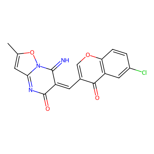 (6E)-6-[(6-chloro-4-oxo-4H-chromen-3-yl)methylidene]-7-imino-2-methyl-6,7-dihydro-5H-[1,2]oxazolo[2,3-a]pyrimidin-5-one structure