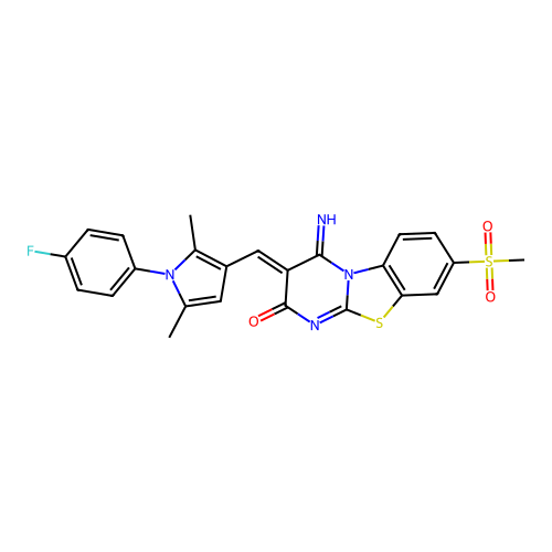 (3Z)-3-[[1-(4-fluorophenyl)-2,5-dimethylpyrrol-3-yl]methylidene]-4-imino-8-methylsulfonylpyrimido[2,1-b][1,3]benzothiazol-2-one structure