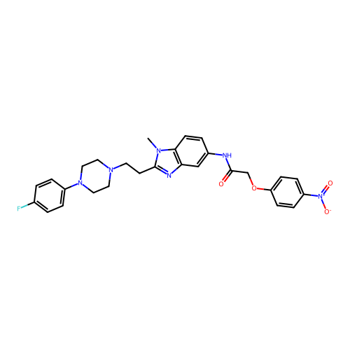 N-(2-(2-(4-(4-fluorophenyl)piperazin-1-yl)ethyl)-1-methyl-1H-benzo[d]imidazol-5-yl)-2-(4-nitrophenoxy)acetamide structure