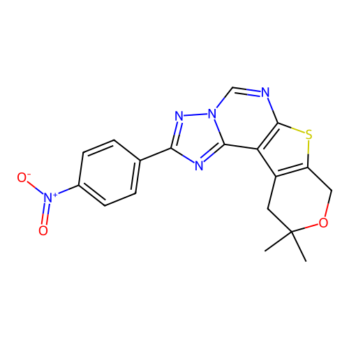 10,10-dimethyl-2-(4-nitrophenyl)-10,11-dihydro-8H-pyrano[4',3':4,5]thieno[3,2-e][1,2,4]triazolo[1,5-c]pyrimidine structure