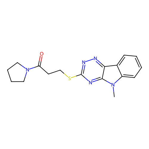 3-[(5-methyl-[1,2,4]triazino[5,6-b]indol-3-yl)sulfanyl]-1-pyrrolidin-1-ylpropan-1-one structure