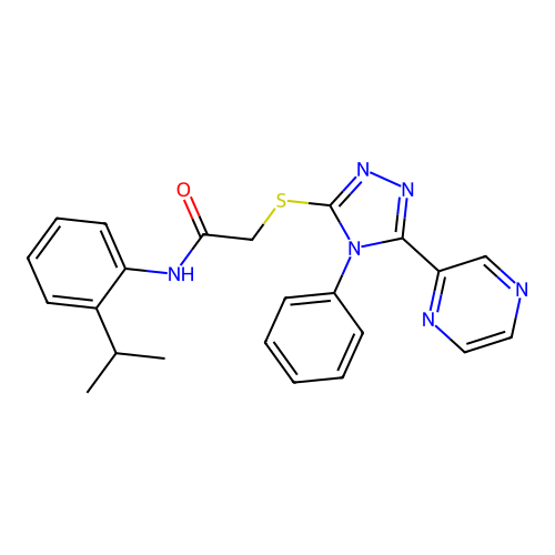2-[(4-phenyl-5-pyrazin-2-yl-1,2,4-triazol-3-yl)sulfanyl]-N-(2-propan-2-ylphenyl)acetamide structure