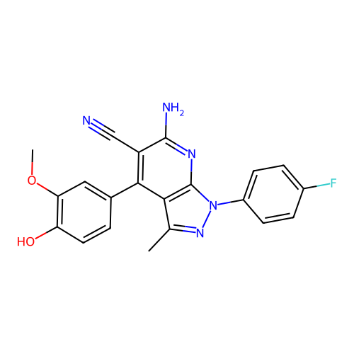 6-amino-1-(4-fluorophenyl)-4-(4-hydroxy-3-methoxyphenyl)-3-methyl-1H-pyrazolo[3,4-b]pyridine-5-carbonitrile structure