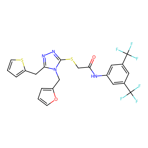 N-(3,5-bis(trifluoromethyl)phenyl)-2-((4-(furan-2-ylmethyl)-5-(thiophen-2-ylmethyl)-4H-1,2,4-triazol-3-yl)thio)acetamide structure