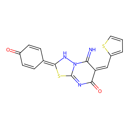 (E)-2-(4-hydroxyphenyl)-5-imino-6-(thiophen-2-ylmethylene)-5H-[1,3,4]thiadiazolo[3,2-a]pyrimidin-7(6H)-one structure